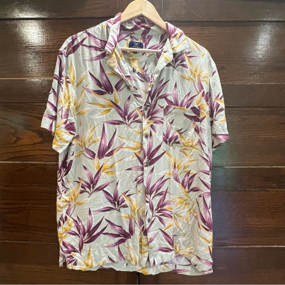 ✅5/$25 George large Purple Yellow Casual Button Down short sleeve Shirt tropical
